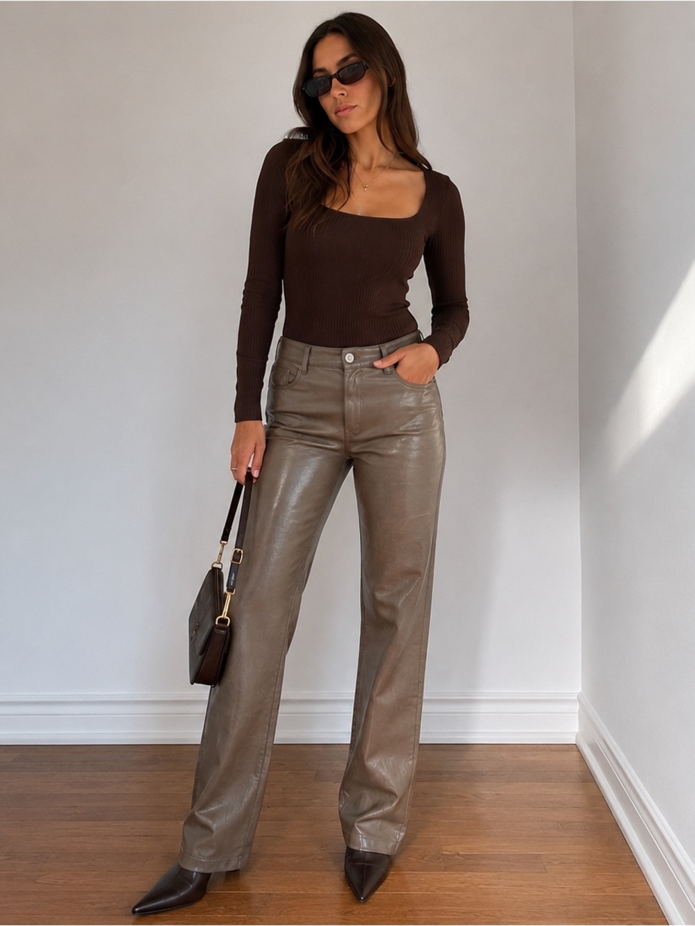 Aritzia Wilfred Taupe Vegan Leather Straight Leg Pants Size 10